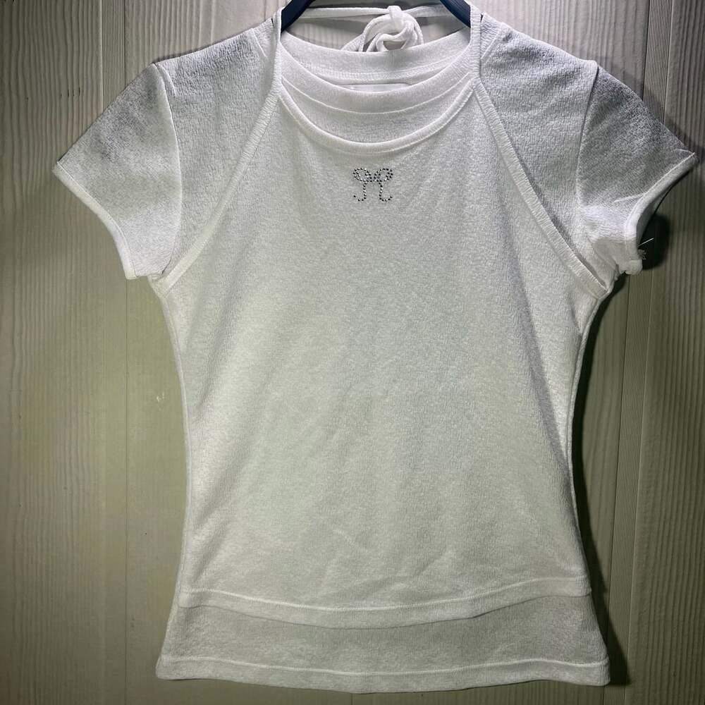 She By Shi T-Shirt Size S White Rhinestone Bow